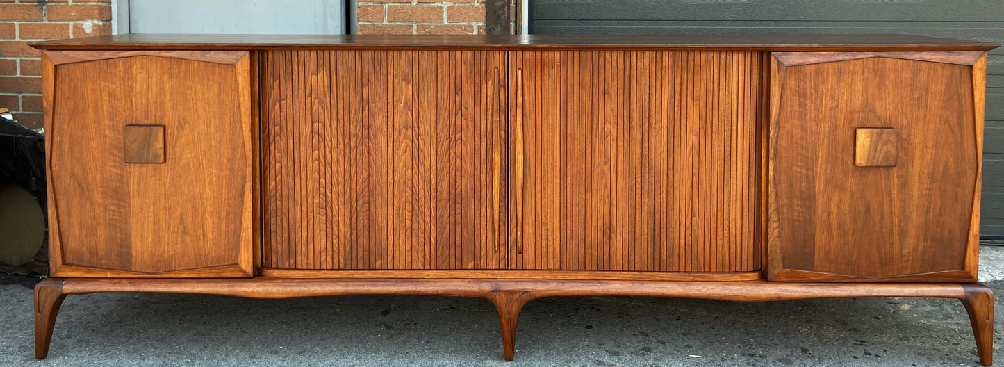 REFINISHED Mid Century Modern Walnut Credenza with Tambour doors, 8 ft