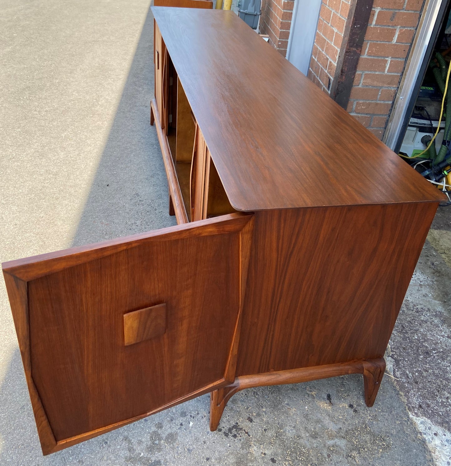REFINISHED Mid Century Modern Walnut Credenza with Tambour doors, 8 ft