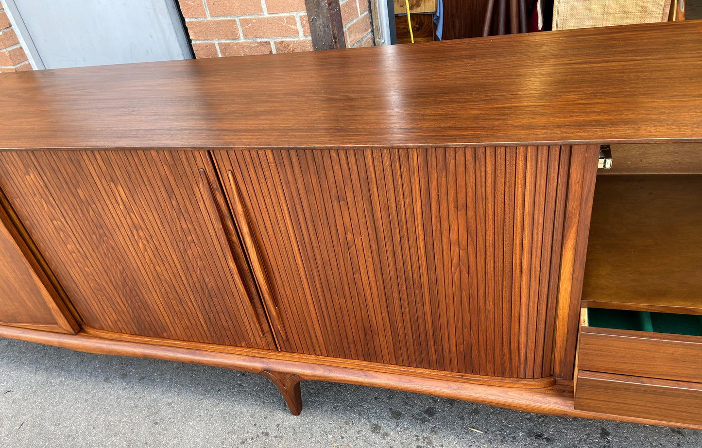 REFINISHED Mid Century Modern Walnut Credenza with Tambour doors, 8 ft