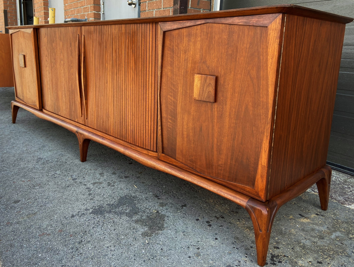 REFINISHED Mid Century Modern Walnut Credenza with Tambour doors, 8 ft