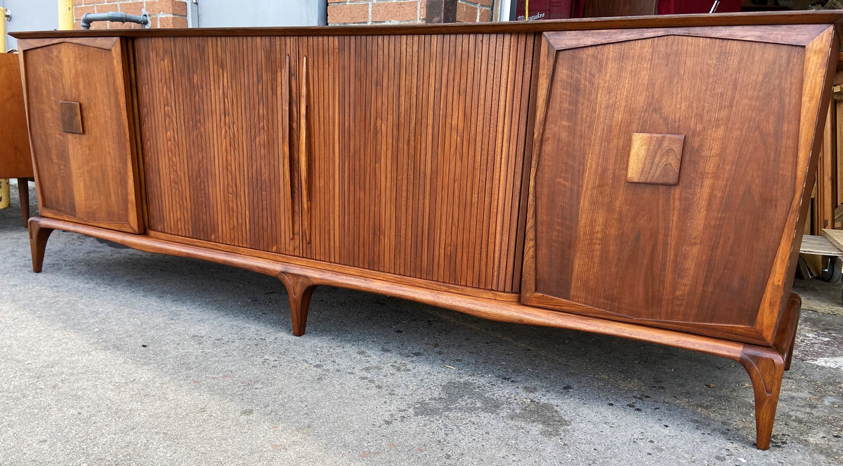 REFINISHED Mid Century Modern Walnut Credenza with Tambour doors, 8 ft