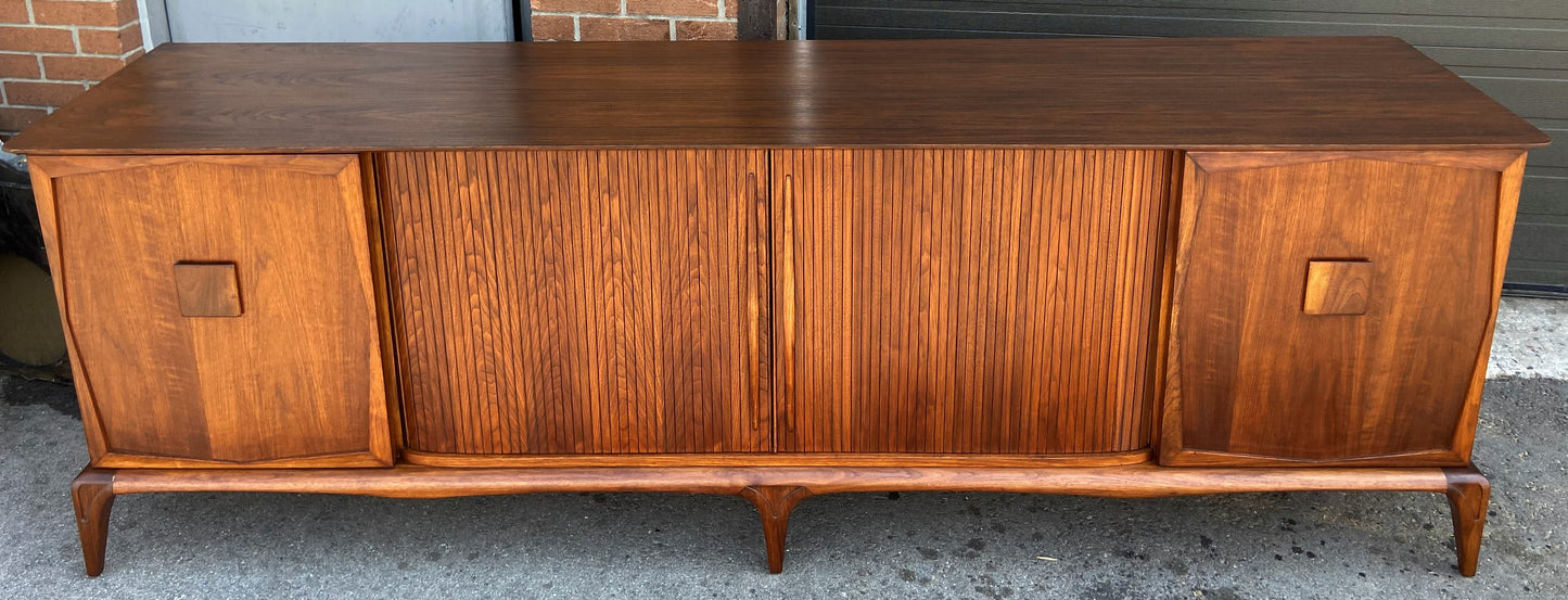 REFINISHED Mid Century Modern Walnut Credenza with Tambour doors, 8 ft