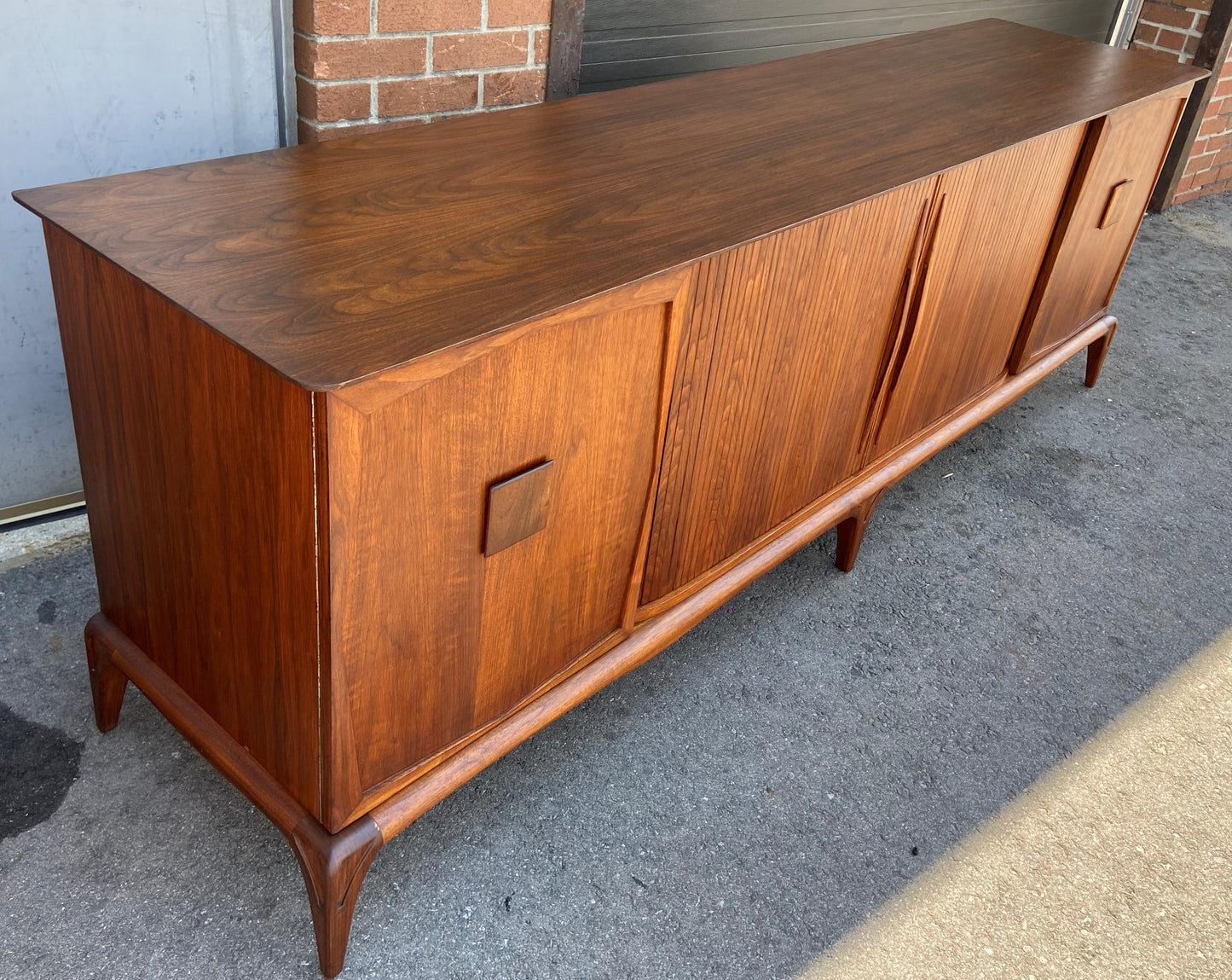 REFINISHED Mid Century Modern Walnut Credenza with Tambour doors, 8 ft