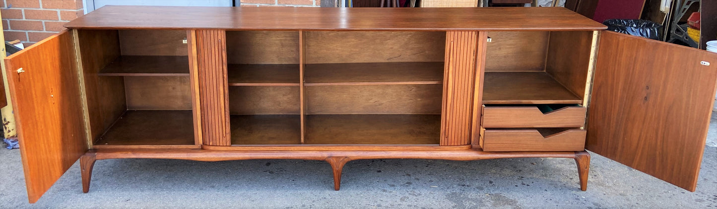 REFINISHED Mid Century Modern Walnut Credenza with Tambour doors, 8 ft