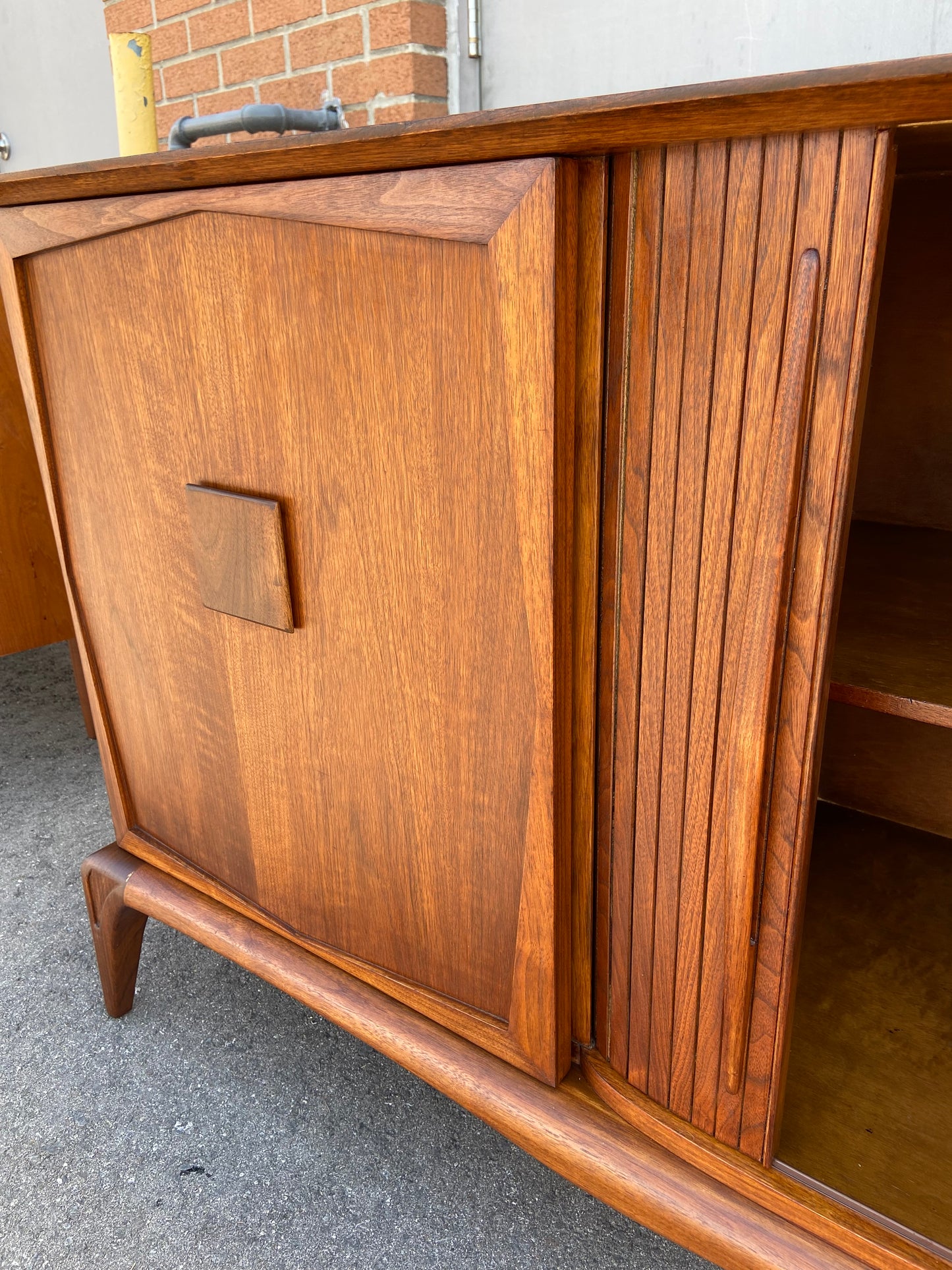 REFINISHED Mid Century Modern Walnut Credenza with Tambour doors, 8 ft