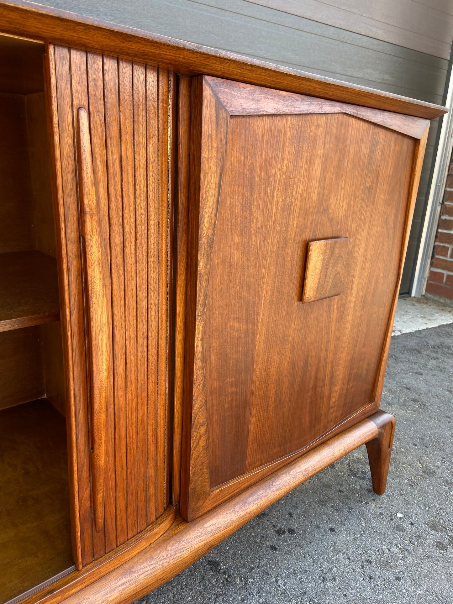 REFINISHED Mid Century Modern Walnut Credenza with Tambour doors, 8 ft