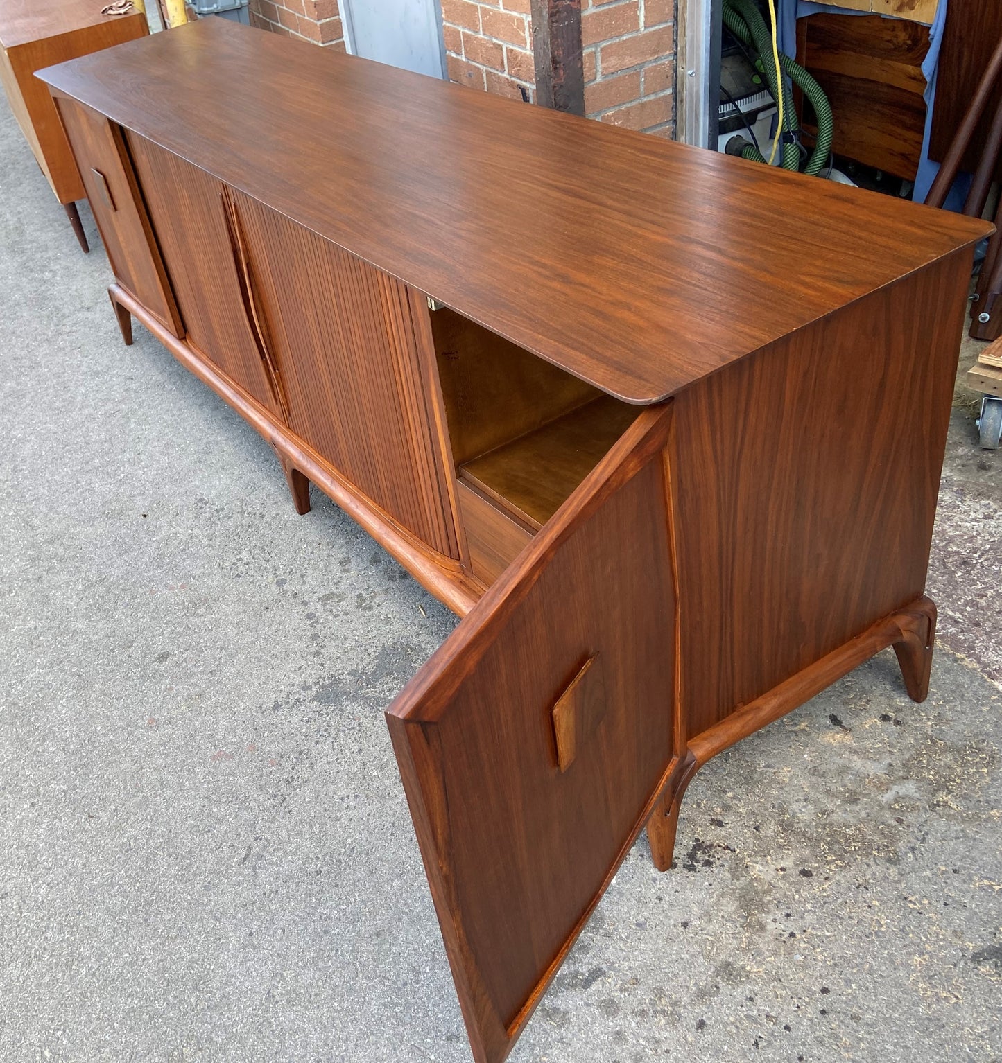 REFINISHED Mid Century Modern Walnut Credenza with Tambour doors, 8 ft