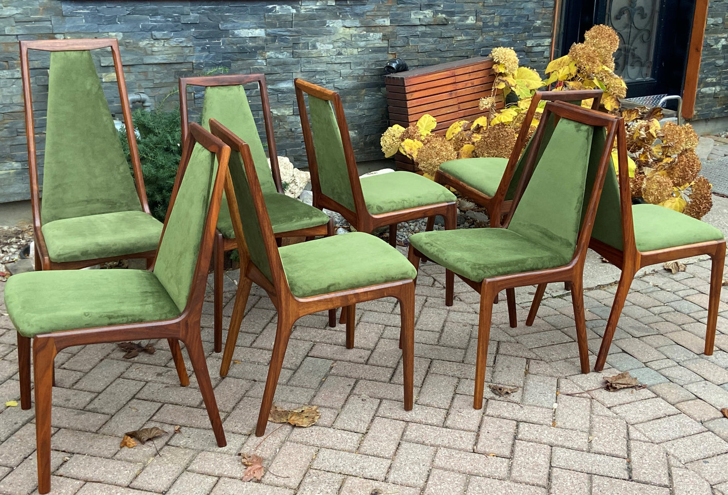 Set of 8 REFINISHED MCM walnut sculptural chairs, REUPHOLSTERED, perfect