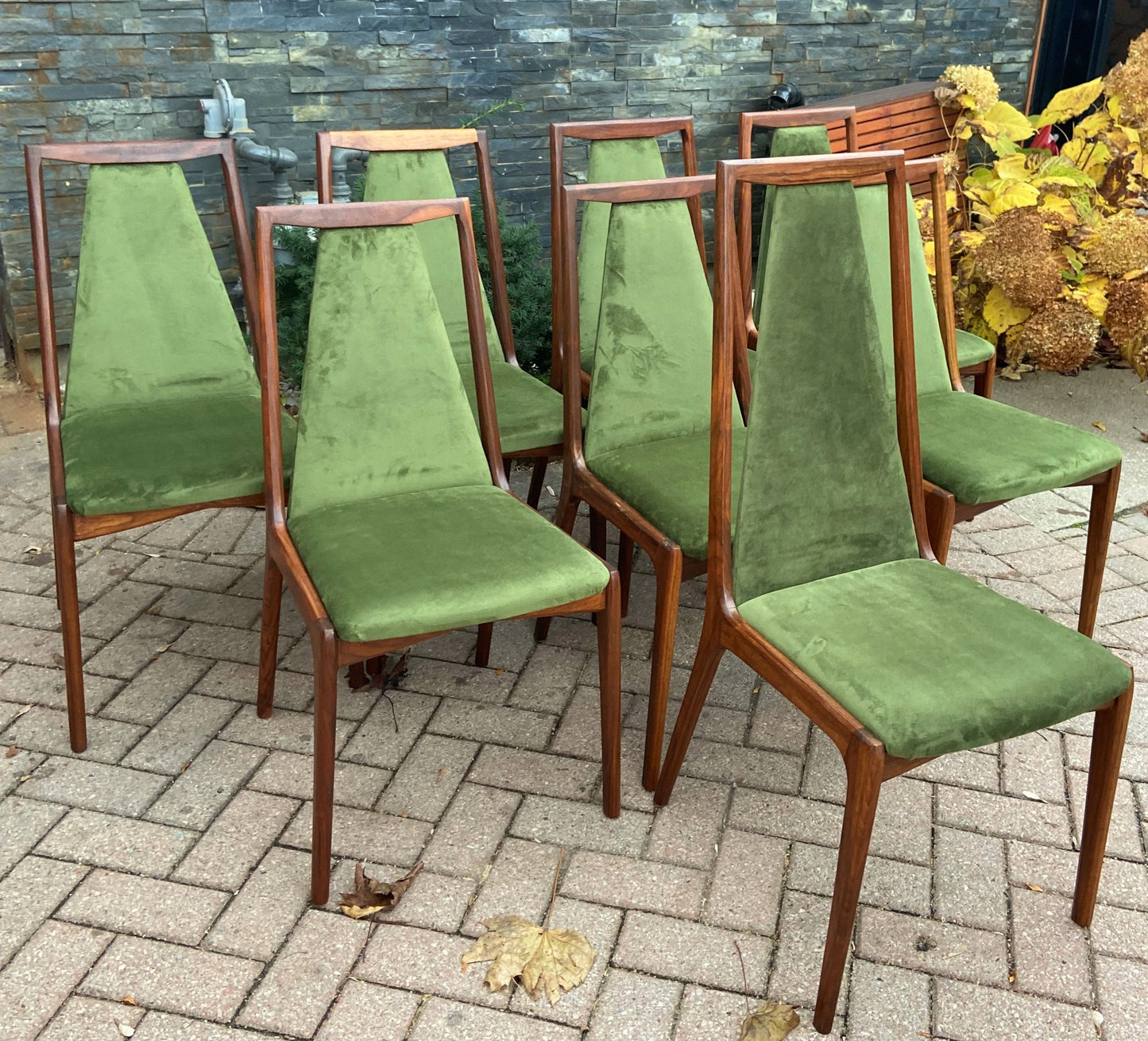 Set of 8 REFINISHED MCM walnut sculptural chairs, REUPHOLSTERED, perfect