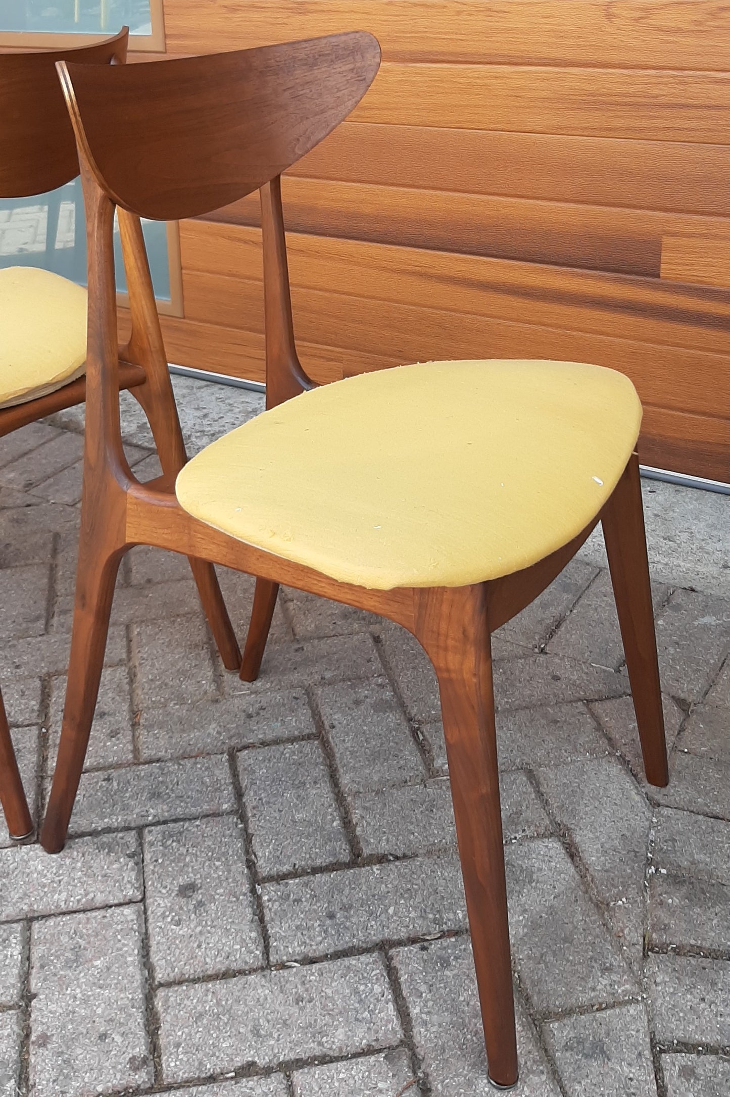 4 REFINISHED Mid Century Modern Walnut Chairs will be REUPHOLSTERED