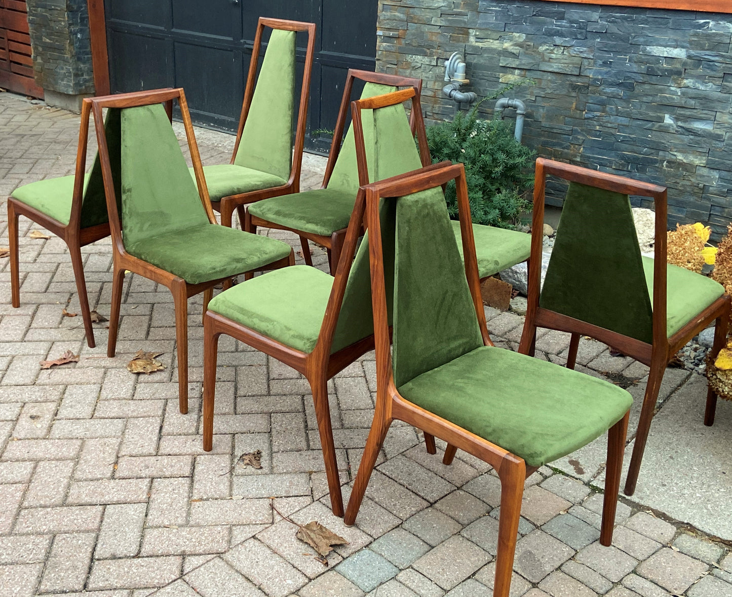 Set of 8 REFINISHED MCM walnut sculptural chairs, REUPHOLSTERED, perfect