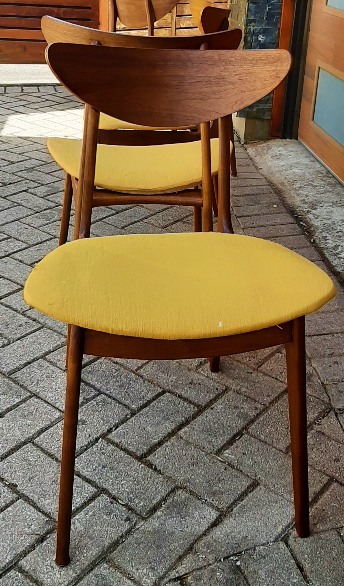 4 REFINISHED Mid Century Modern Walnut Chairs will be REUPHOLSTERED