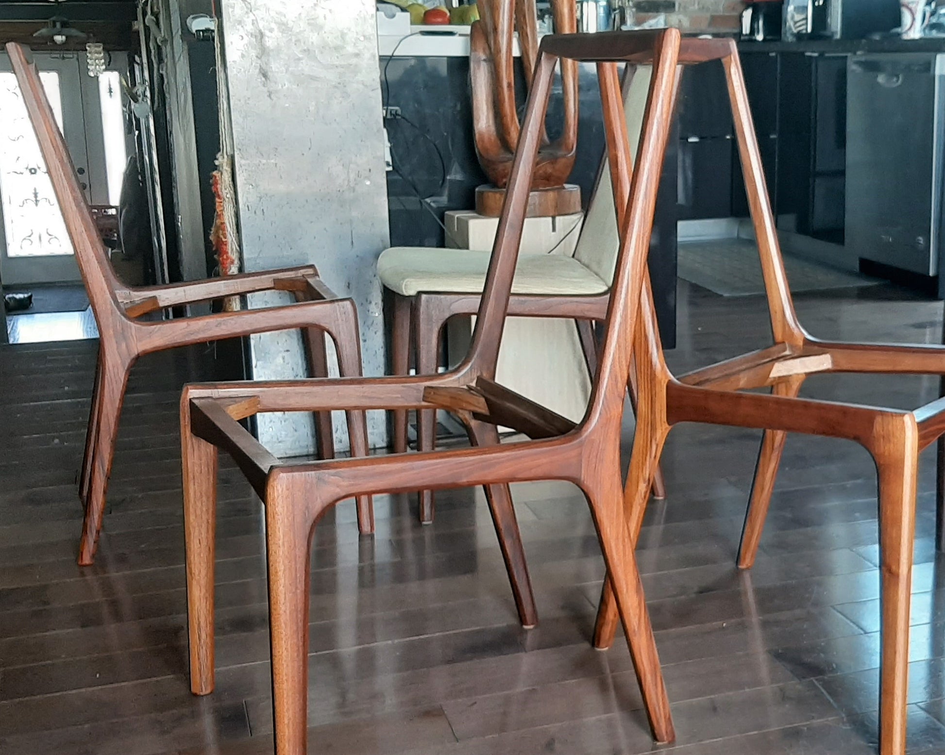 8 REFINISHED MCM walnut sculptural chairs PERFECT, ready for new upholstery, each chair $249 - Mid Century Modern Toronto