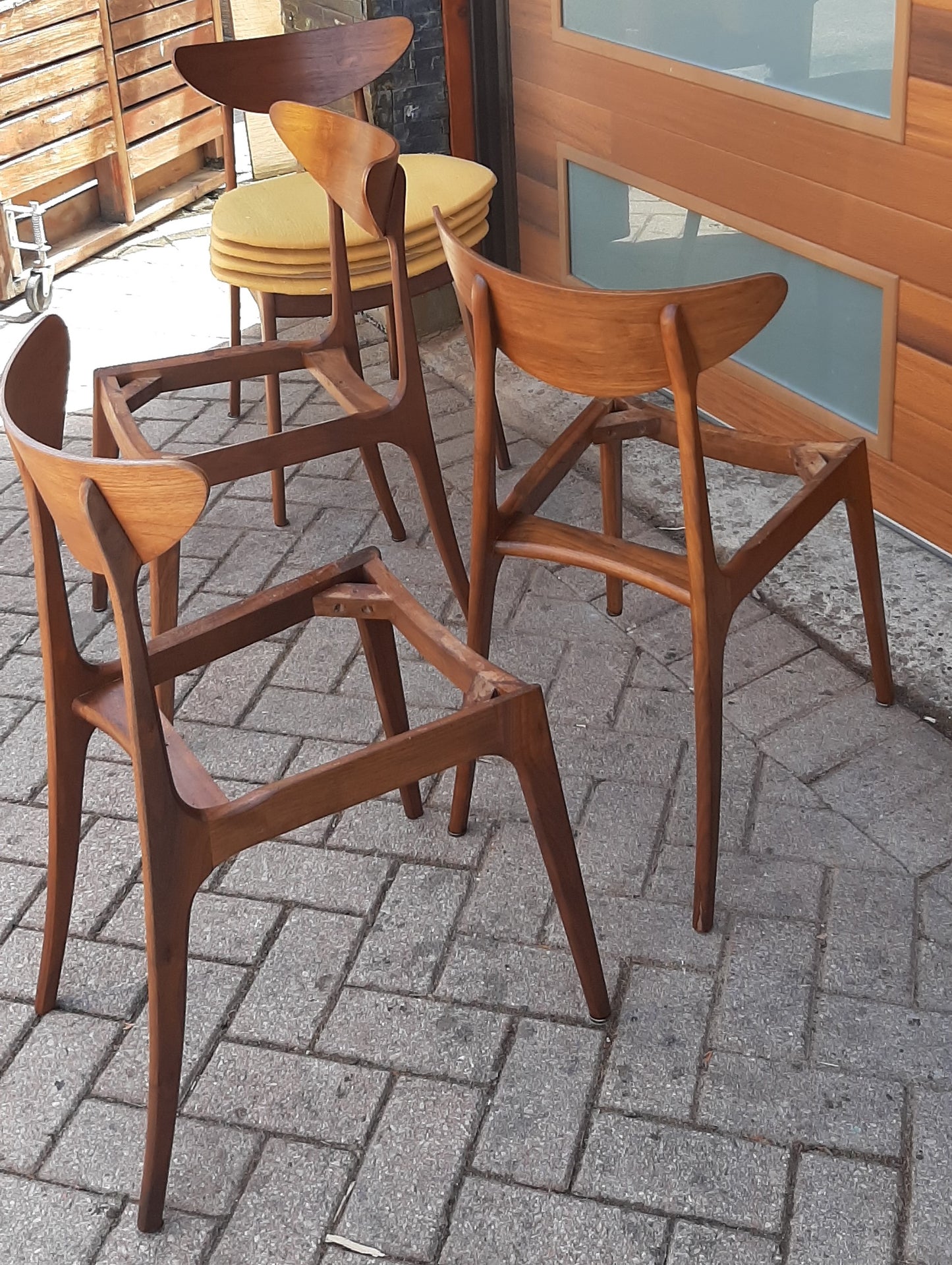 4 REFINISHED Mid Century Modern Walnut Chairs will be REUPHOLSTERED