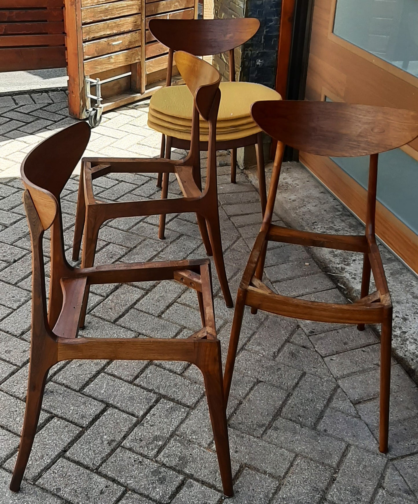4 REFINISHED Mid Century Modern Walnut Chairs will be REUPHOLSTERED