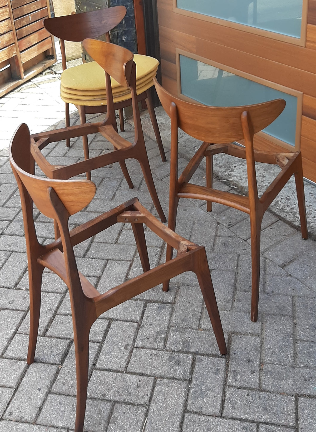 4 REFINISHED Mid Century Modern Walnut Chairs will be REUPHOLSTERED