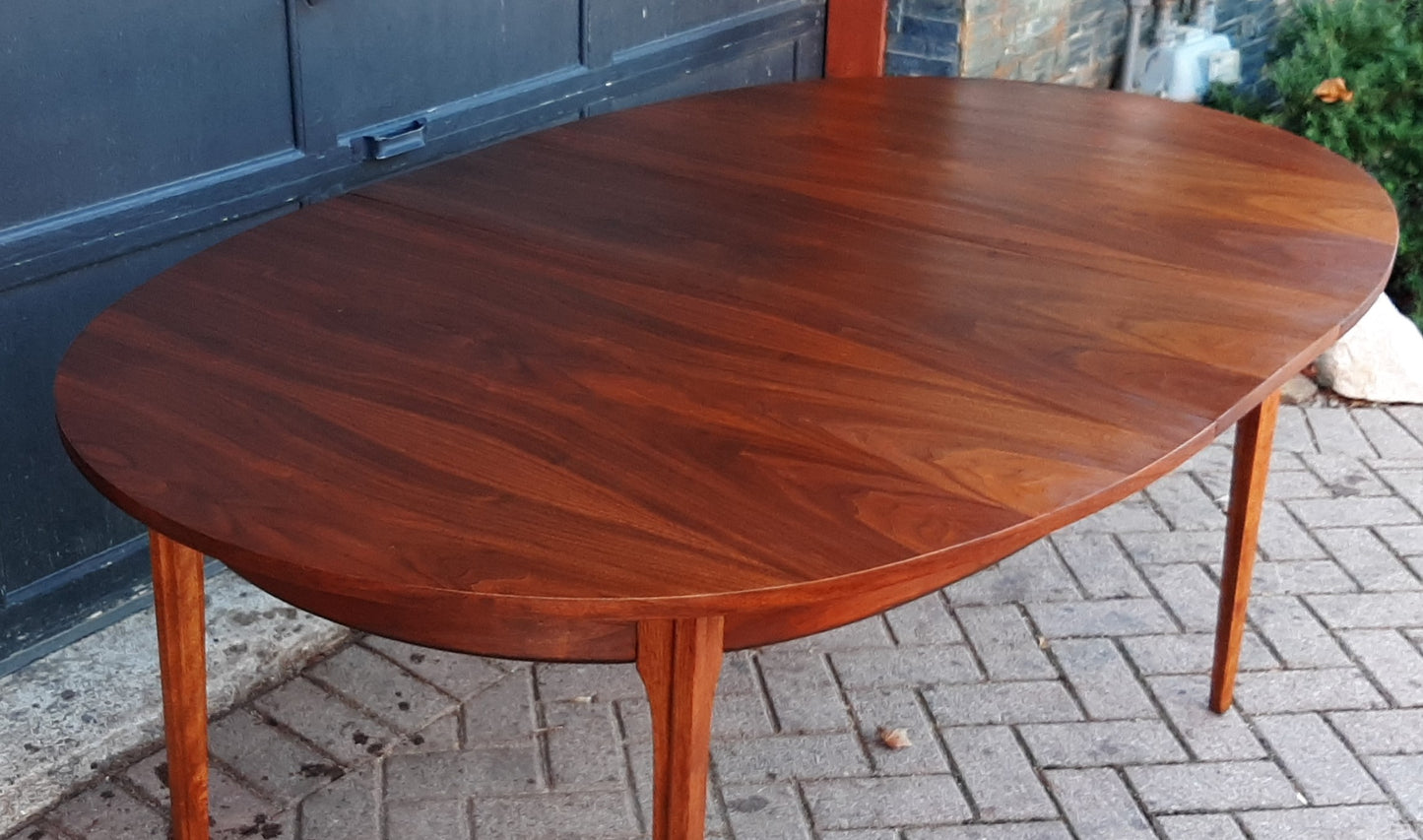 REFINISHED MCM Walnut Dining Table Oval w 2 leaves, 57"- 81" PERFECT