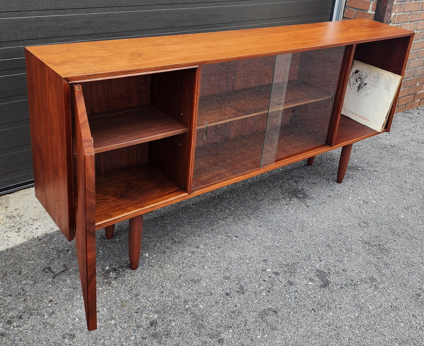 REFINISHED Mid Century Modern Walnut Display/ Bookcase/ Media TV Console 71"