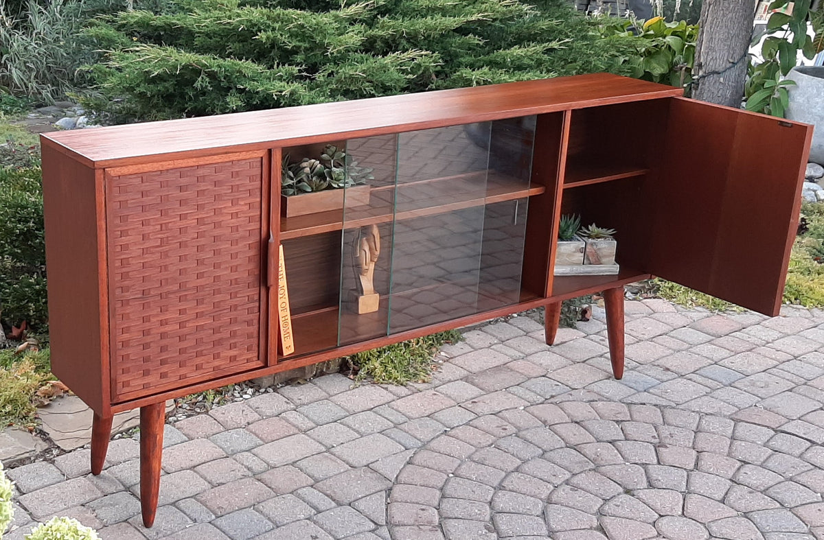 REFINISHED MCM Walnut Display w woven & glass doors 71