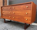 REFINISHED Mid Century Modern Walnut Dresser w 6 drawers brass knobs sledge base 54