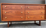 REFINISHED Mid Century Modern Walnut Dresser w 6 drawers brass knobs sledge base 54