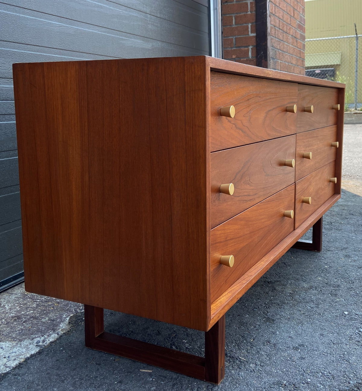 REFINISHED Mid Century Modern Walnut Dresser w 6 drawers brass knobs sledge base 54