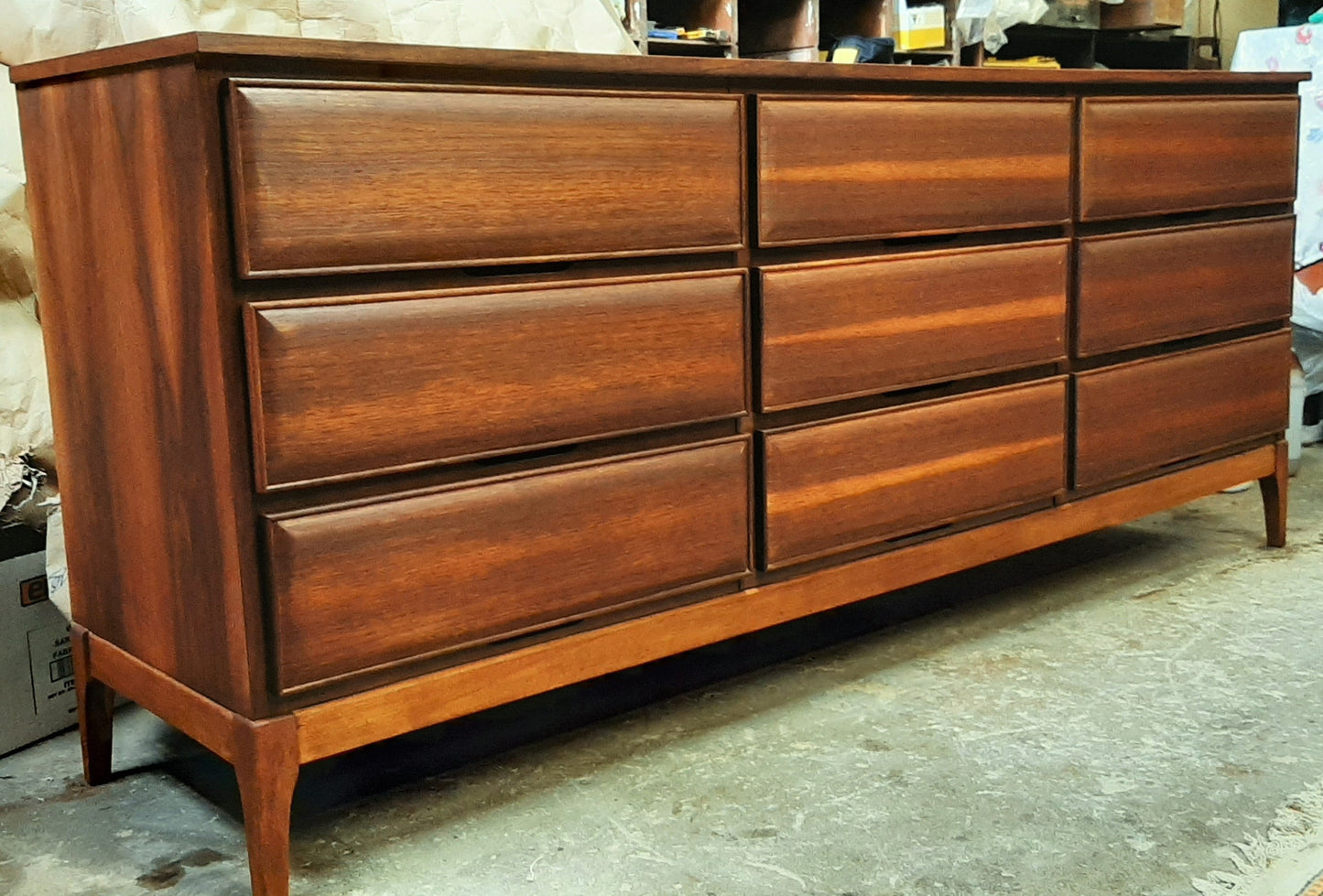 REFINISHED MCM Walnut Dresser 3-Dimensional Front 6ft by HPL Mobilier, PERFECT - Mid Century Modern Toronto