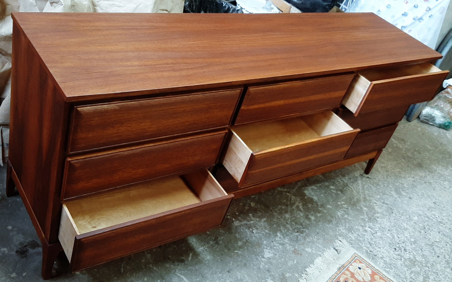 REFINISHED MCM Walnut Dresser 3-Dimensional Front 6ft by HPL Mobilier, PERFECT - Mid Century Modern Toronto