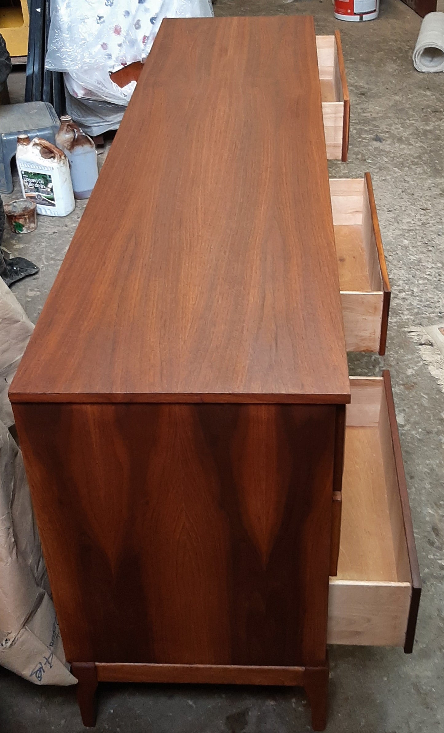 REFINISHED MCM Walnut Dresser 3-Dimensional Front 6ft by HPL Mobilier, PERFECT - Mid Century Modern Toronto