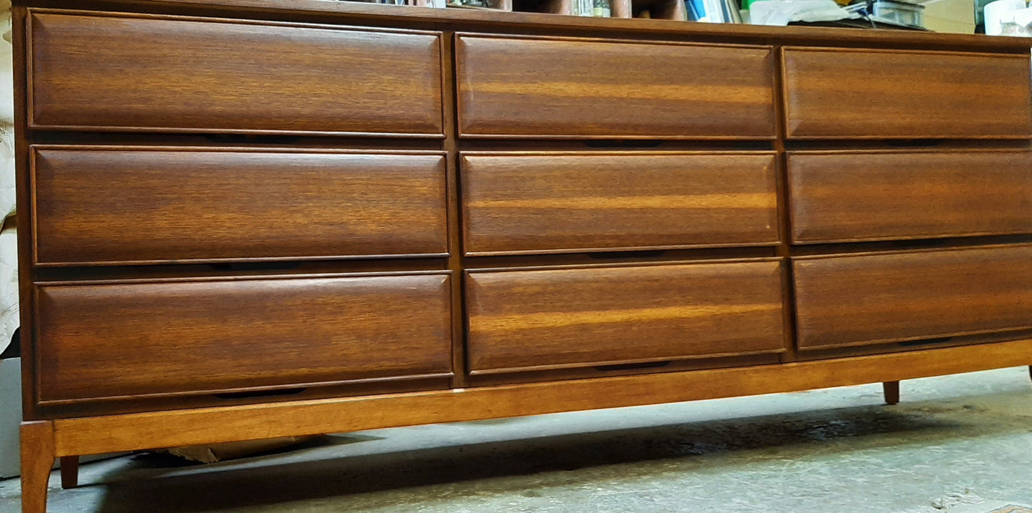 REFINISHED MCM Walnut Dresser 3-Dimensional Front 6ft by HPL Mobilier, PERFECT - Mid Century Modern Toronto