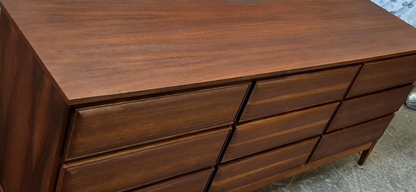 REFINISHED MCM Walnut Dresser 3-Dimensional Front 6ft by HPL Mobilier, PERFECT - Mid Century Modern Toronto