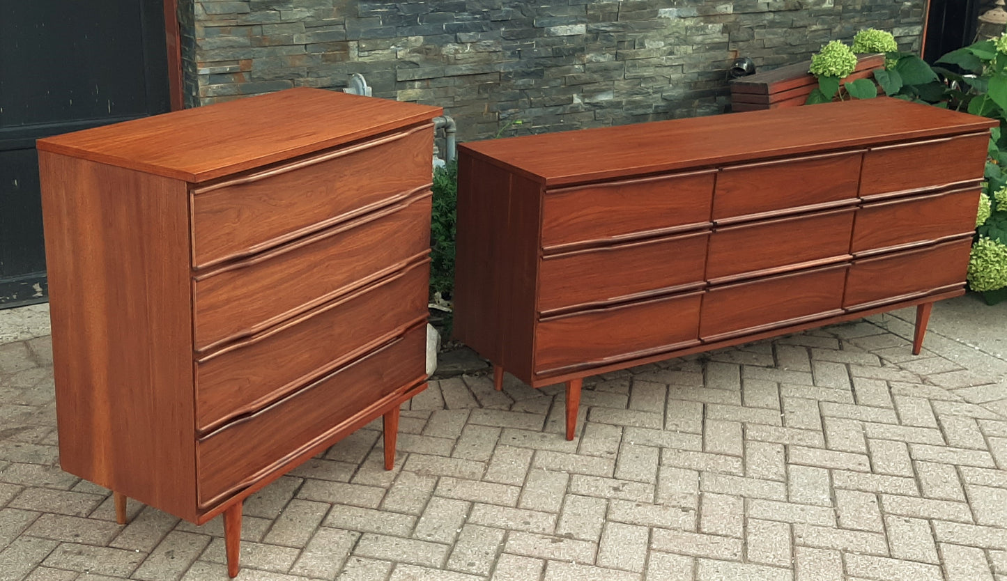 REFINISHED MCM Walnut Set of Dresser 9 Drawers and Talboy, Compact, PERFECT