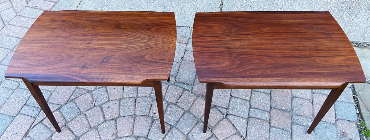 2 REFINISHED Mid Century Modern walnut end tables w drawers, Perfect