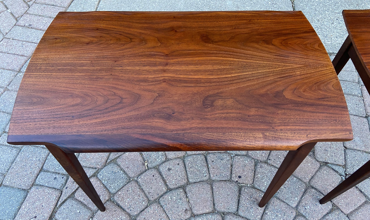 2 REFINISHED Mid Century Modern walnut end tables w drawers, Perfect
