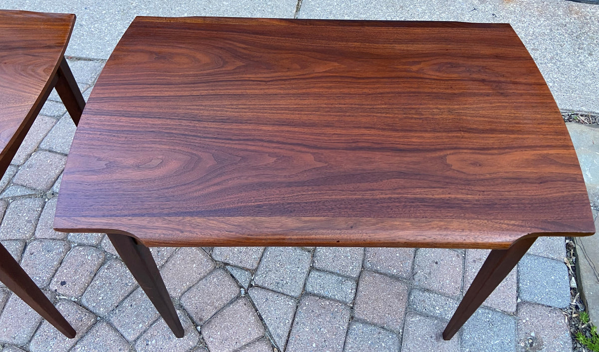 2 REFINISHED Mid Century Modern walnut end tables w drawers, Perfect