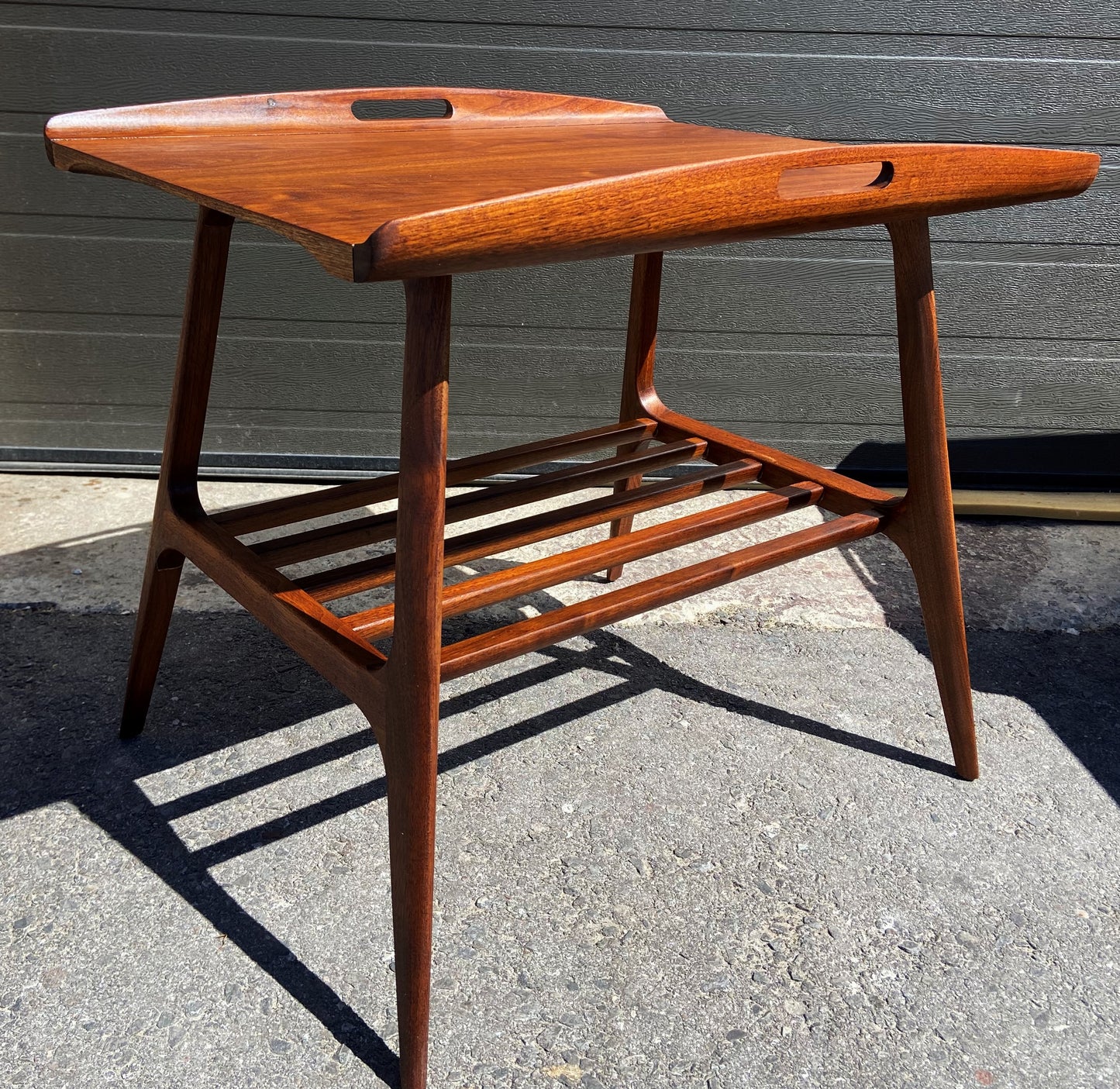 2 REFINISHED Mid Century Modern Walnut tray- style end tables, Perfect