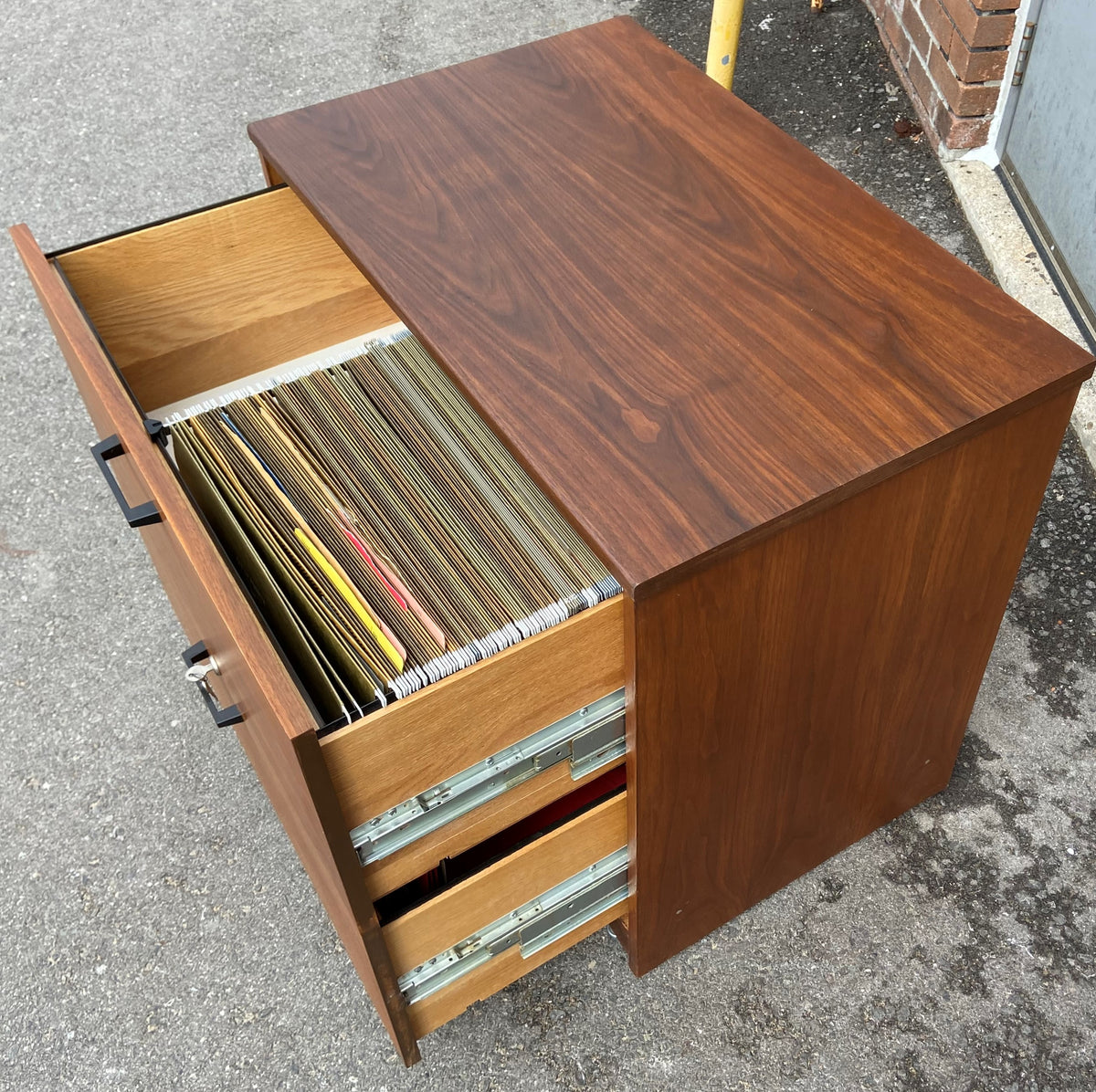 RESTORED Mid Century Modern walnut filing cabinet w finished back 31.5
