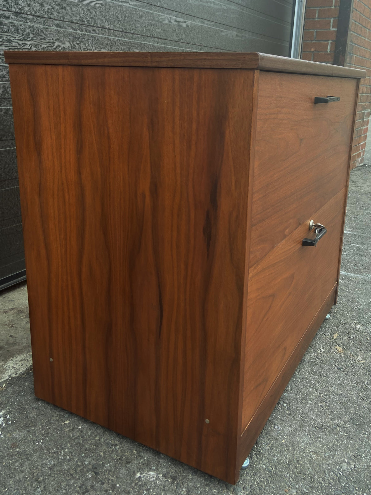 RESTORED Mid Century Modern walnut filing cabinet w finished back 31.5