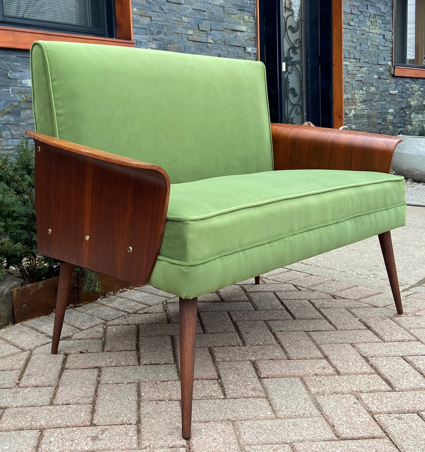 REFINISHED REUPHOLSTERED MCM Walnut Loveseat with Fan Arms by Frank and Son, Perfect