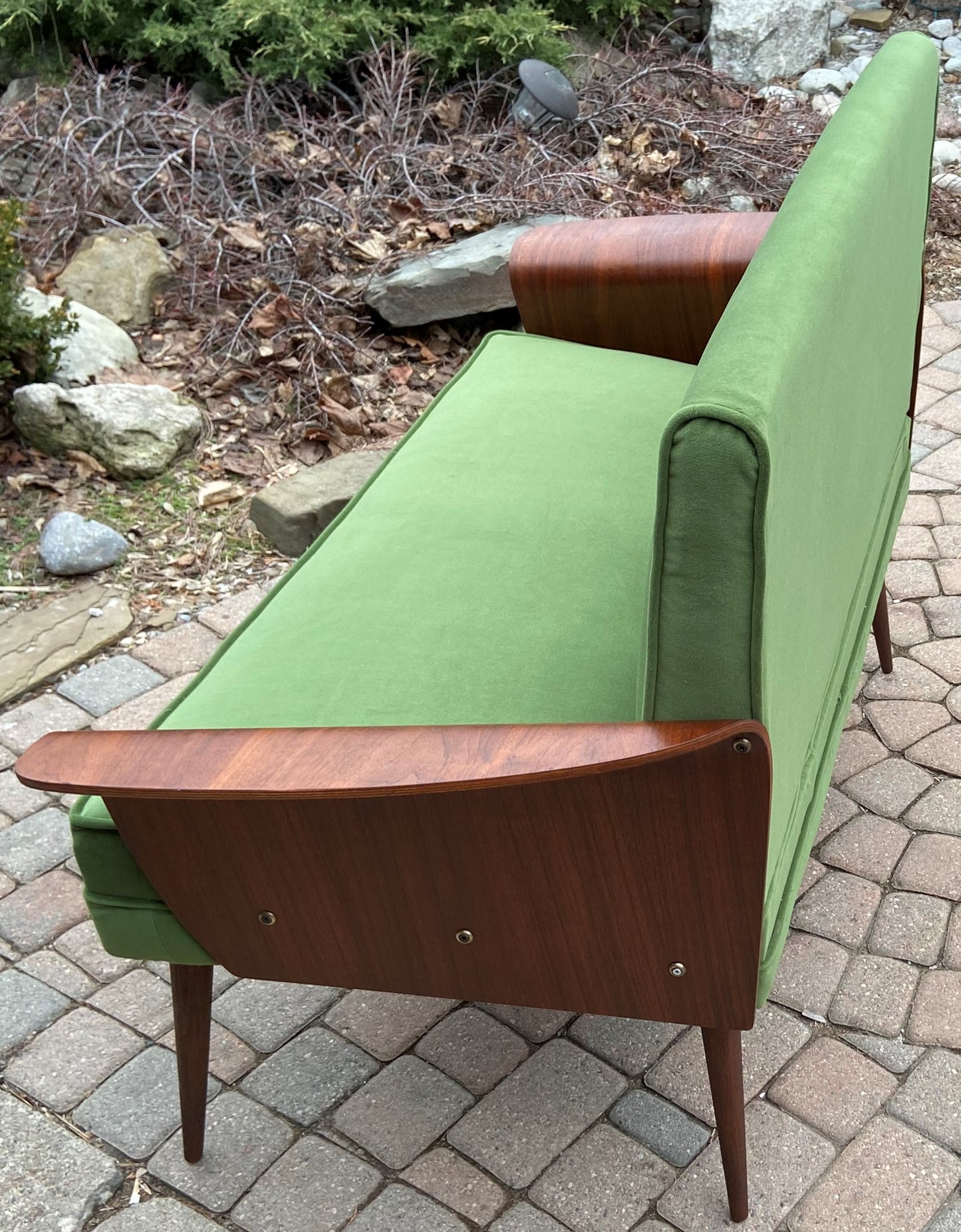 REFINISHED REUPHOLSTERED MCM Walnut Loveseat with Fan Arms by Frank and Son, Perfect