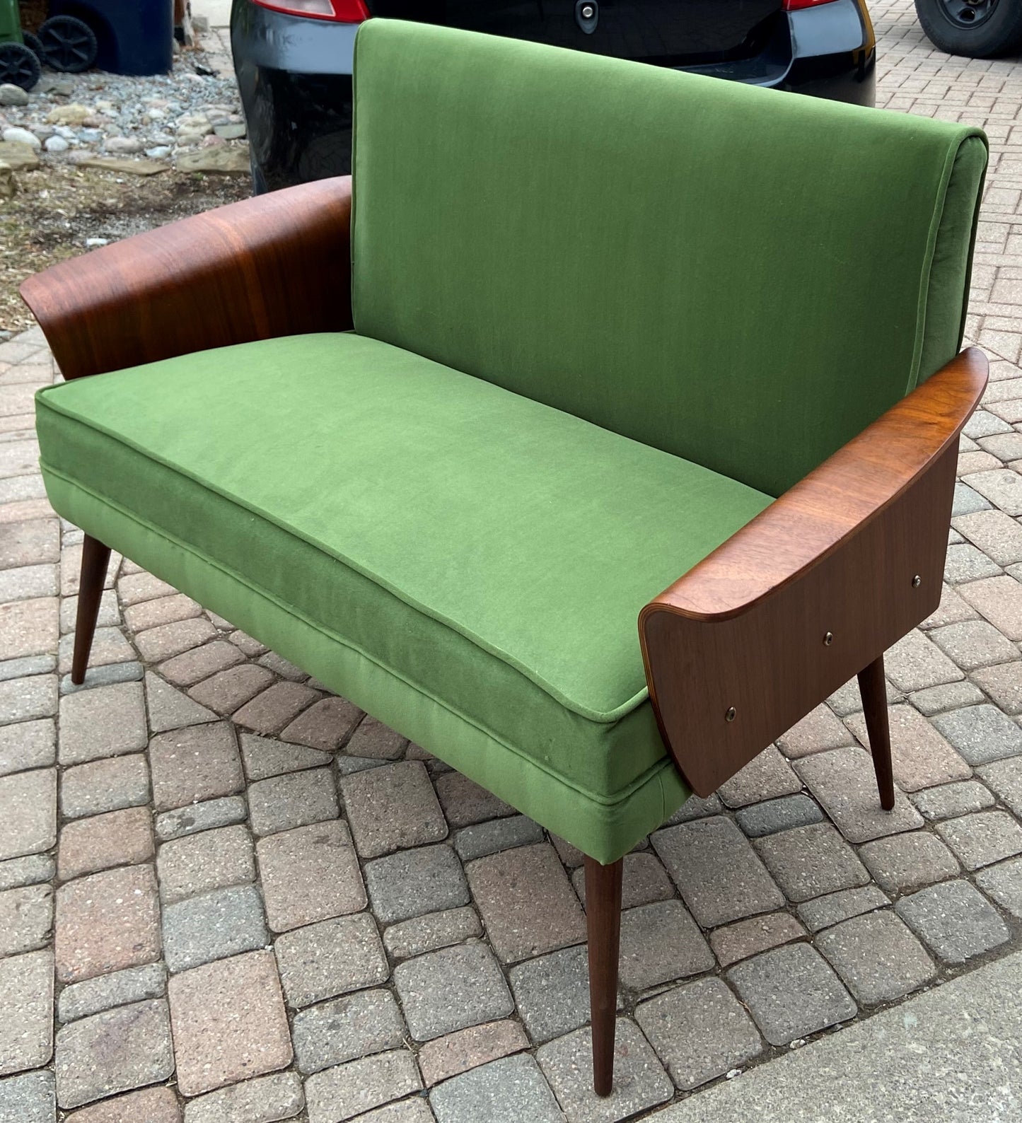 REFINISHED REUPHOLSTERED MCM Walnut Loveseat with Fan Arms by Frank and Son, Perfect