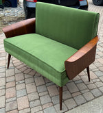 REFINISHED REUPHOLSTERED MCM Walnut Loveseat with Fan Arms by Frank and Son, Perfect 5