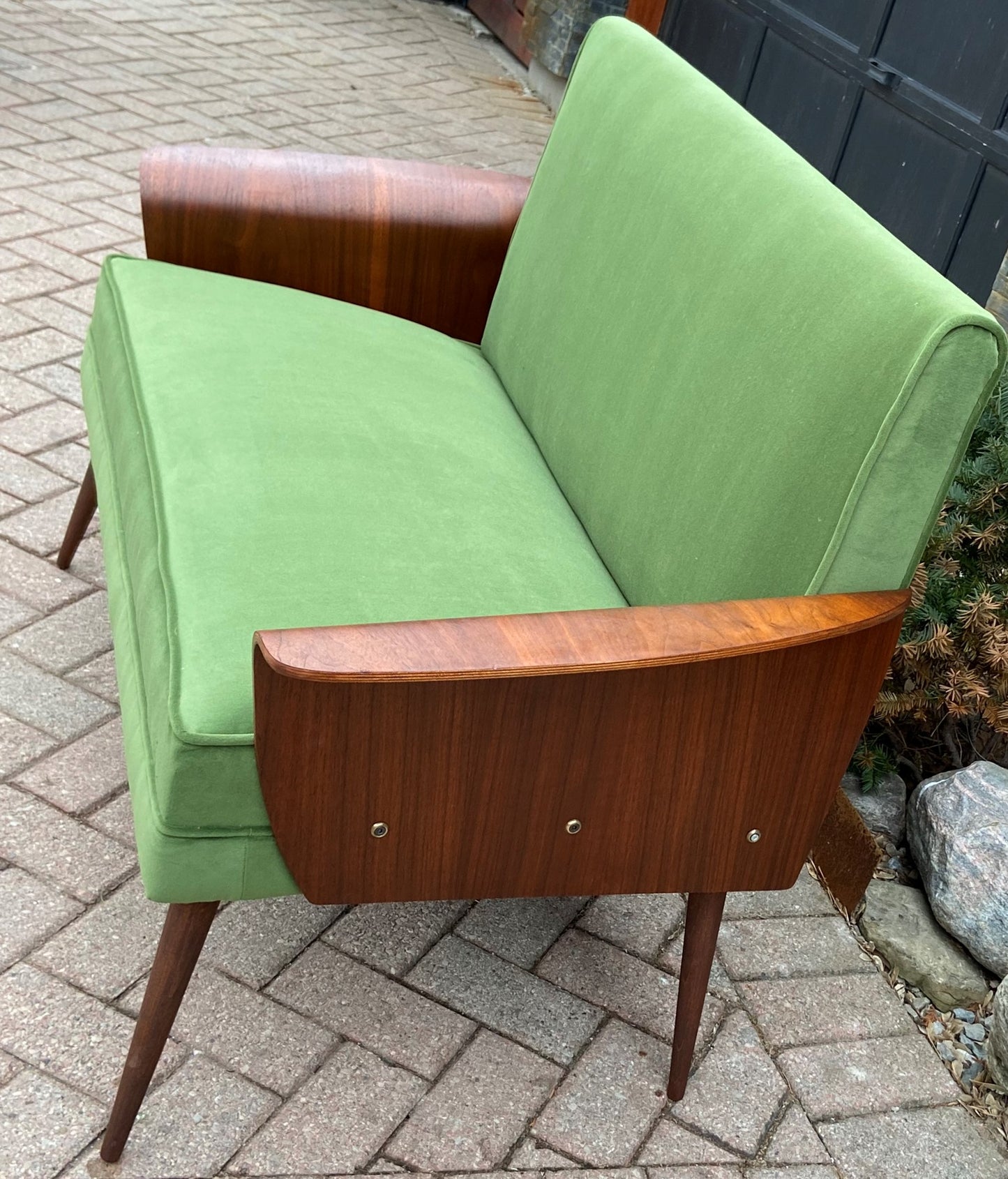 REFINISHED REUPHOLSTERED MCM Walnut Loveseat with Fan Arms by Frank and Son, Perfect