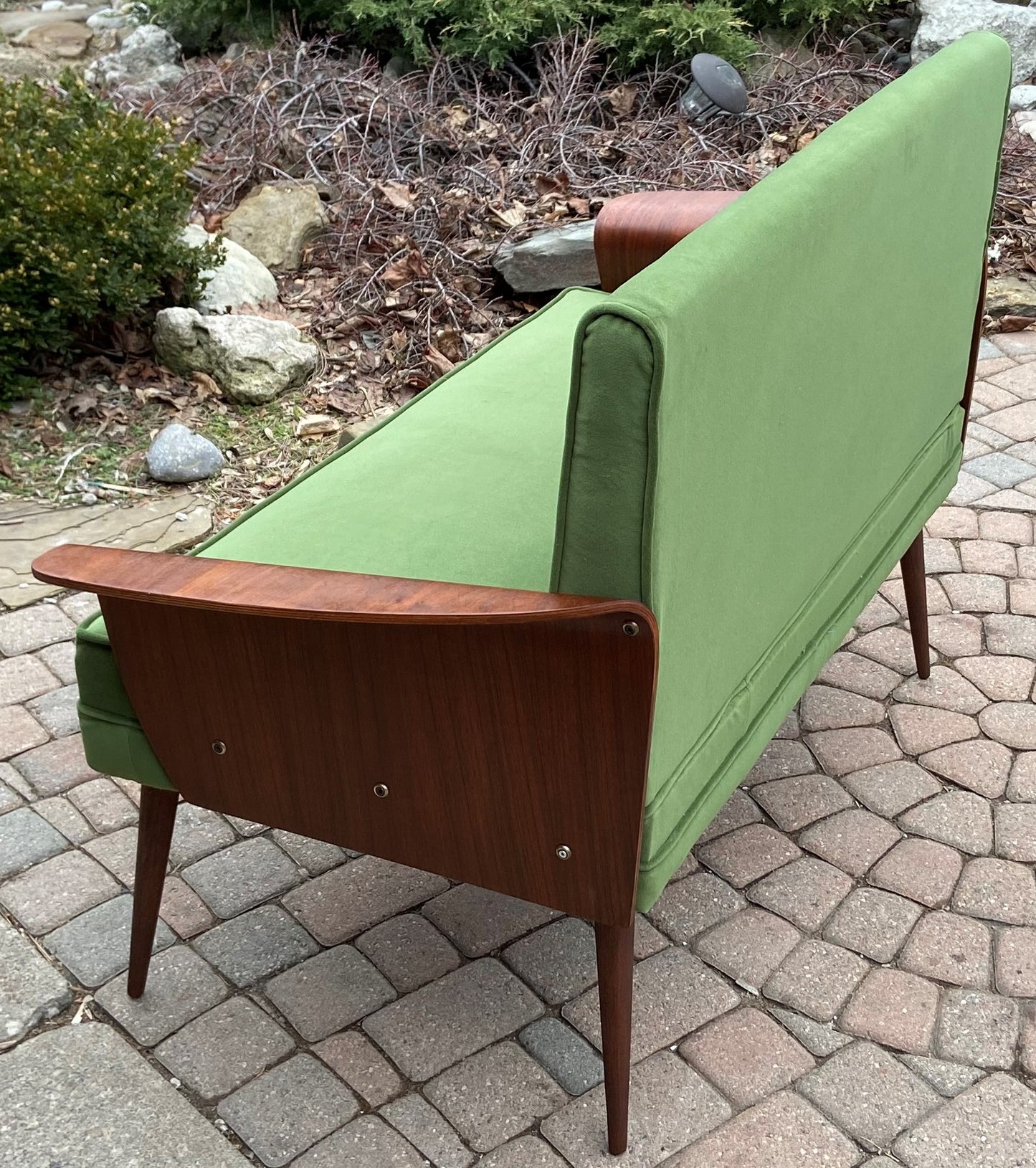 REFINISHED REUPHOLSTERED MCM Walnut Loveseat with Fan Arms by Frank and Son, Perfect