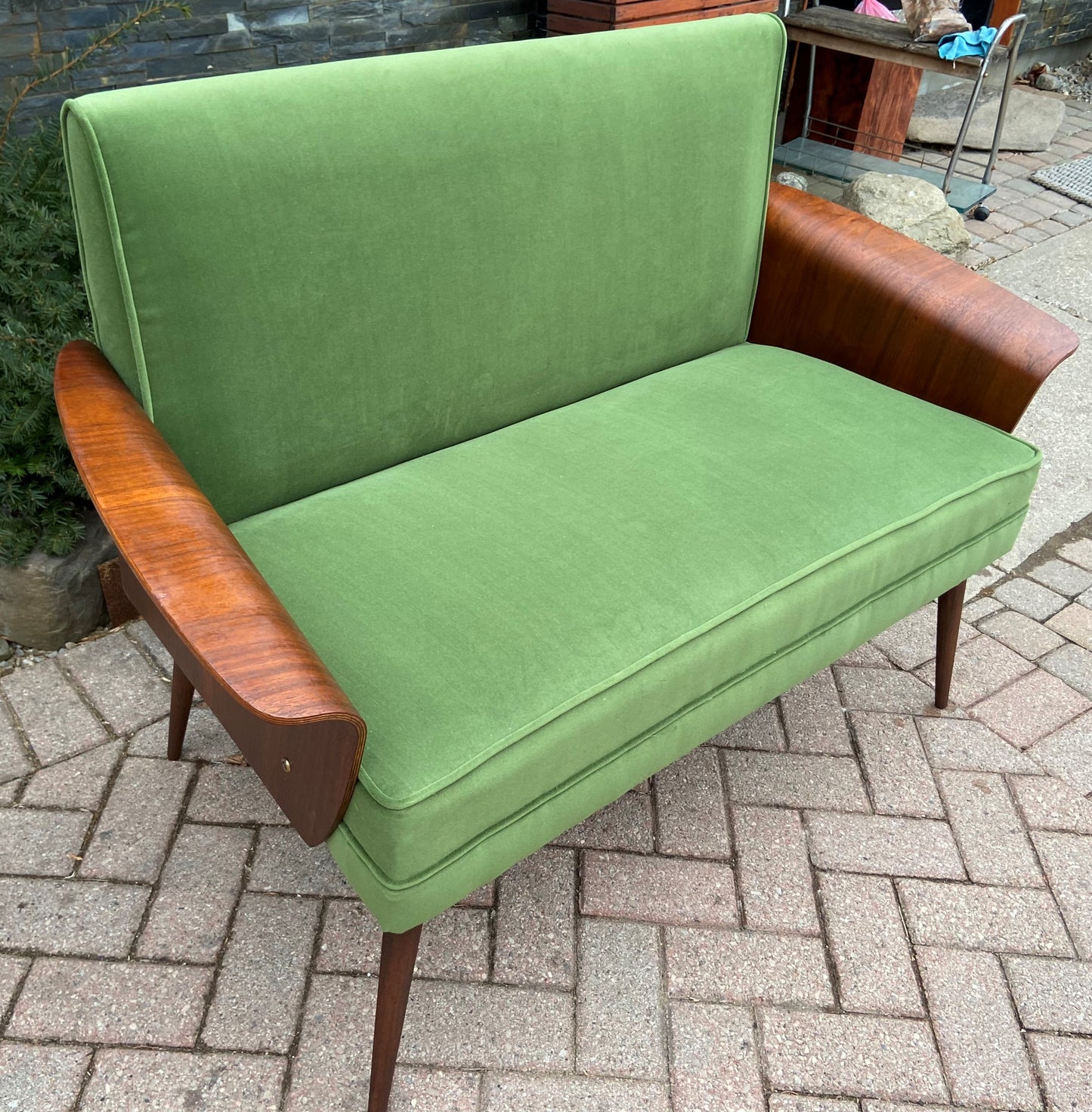 REFINISHED REUPHOLSTERED MCM Walnut Loveseat with Fan Arms by Frank and Son, Perfect