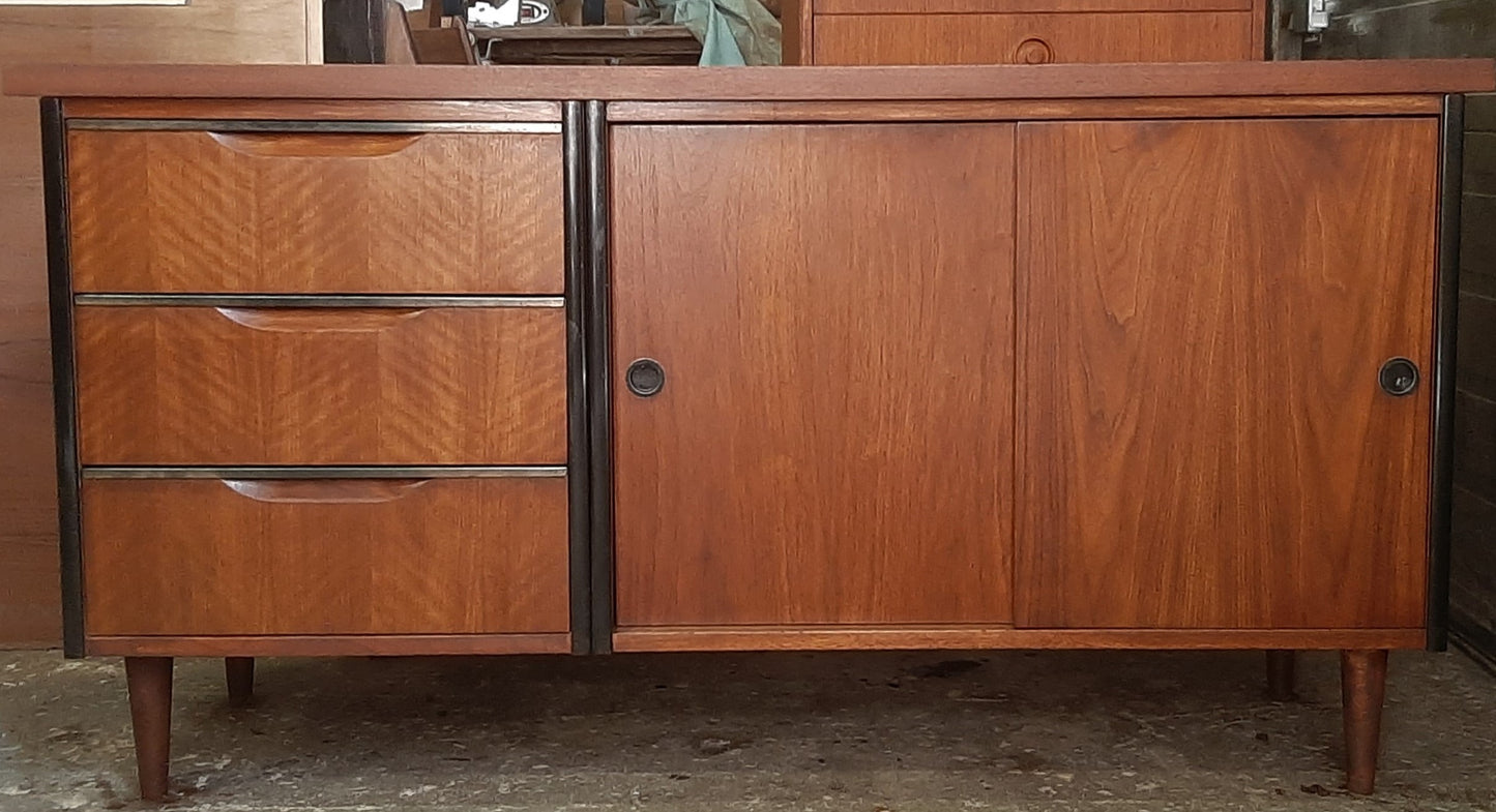 REFINISHED  MCM Walnut Credenza with Sliding Doors & Drawers & Finished back 54" - Mid Century Modern Toronto