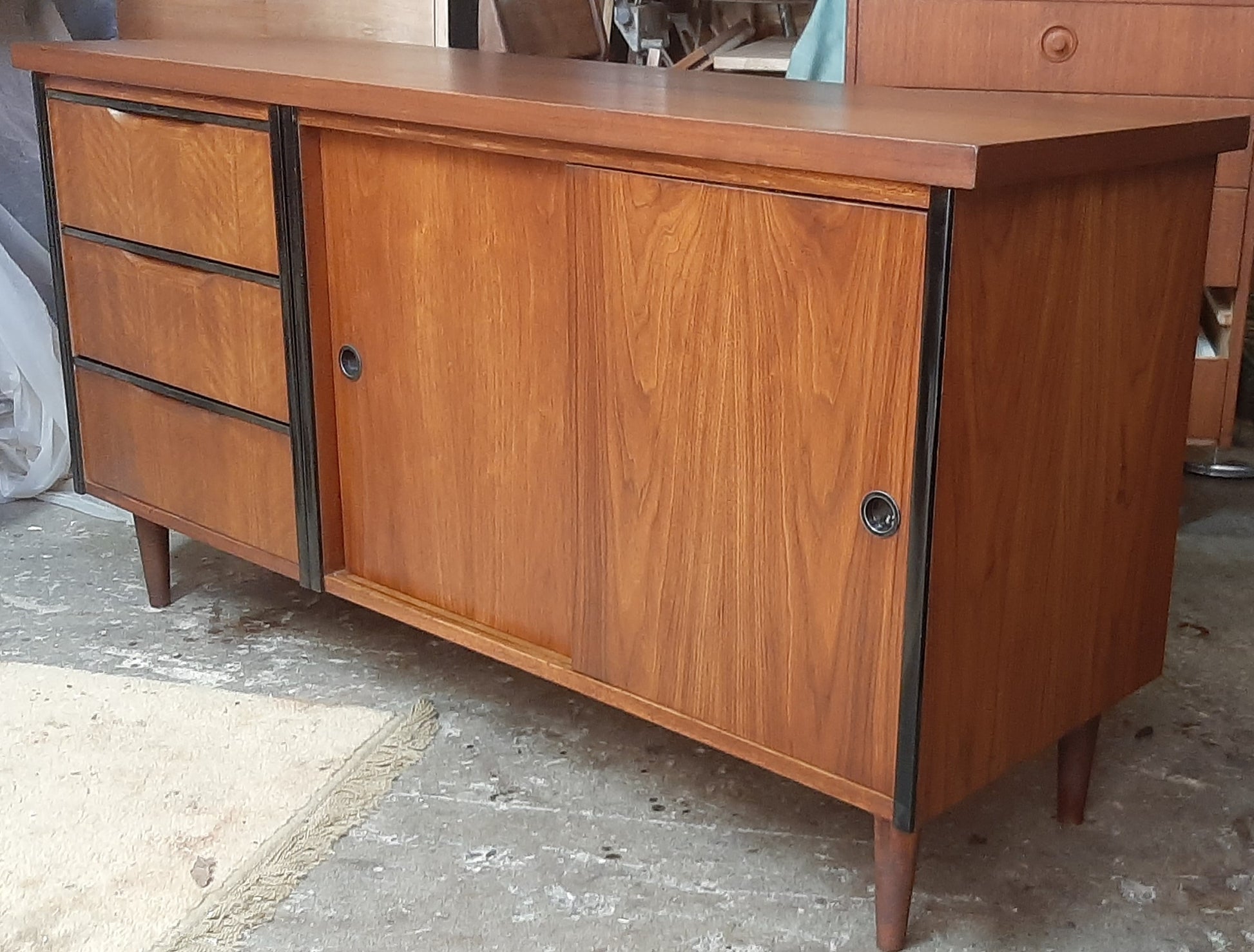 REFINISHED  MCM Walnut Credenza with Sliding Doors & Drawers & Finished back 54" - Mid Century Modern Toronto