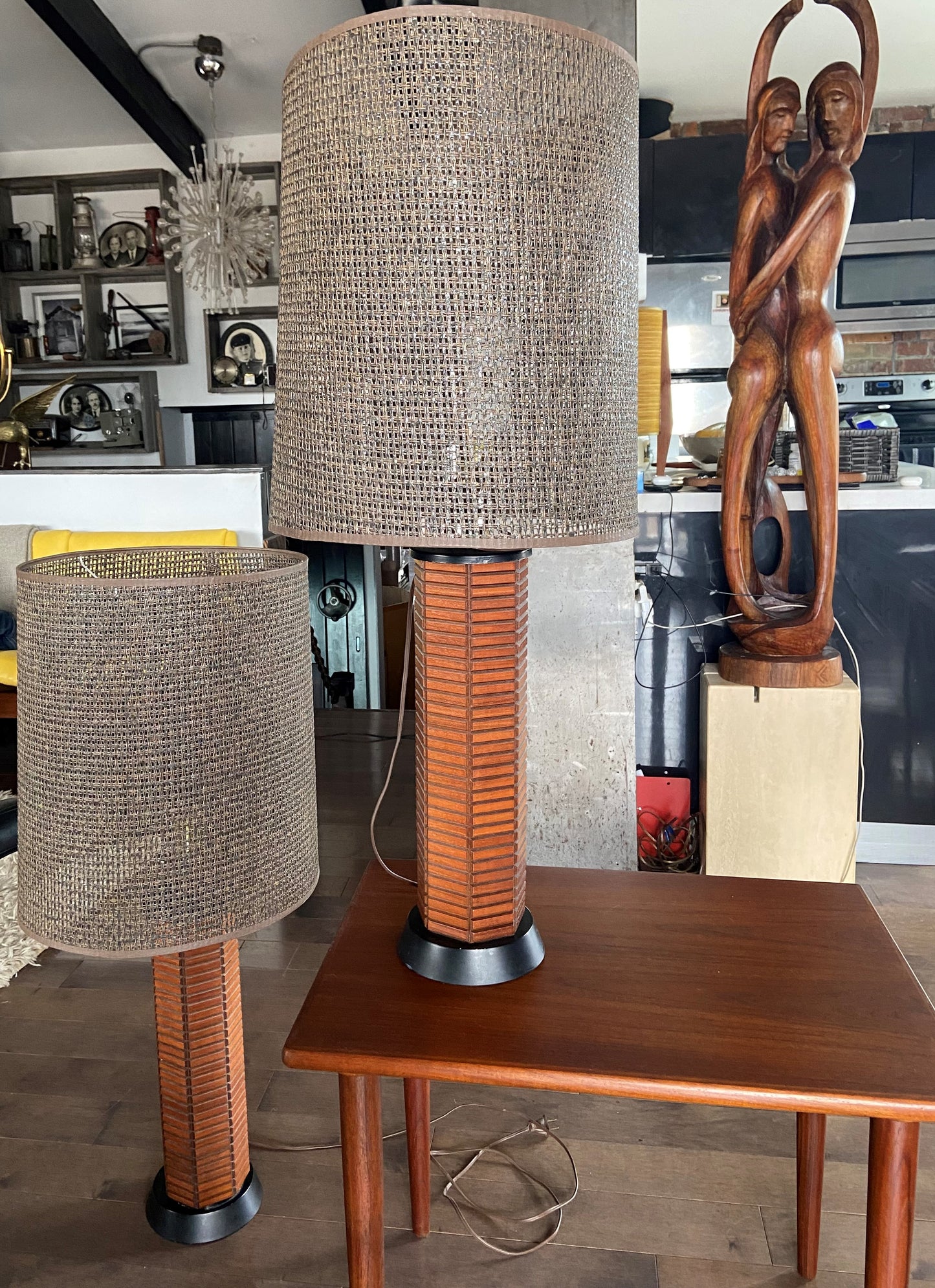 A pair of Mid Century Modern "Gruvwood" Table Lamps with Original Shades