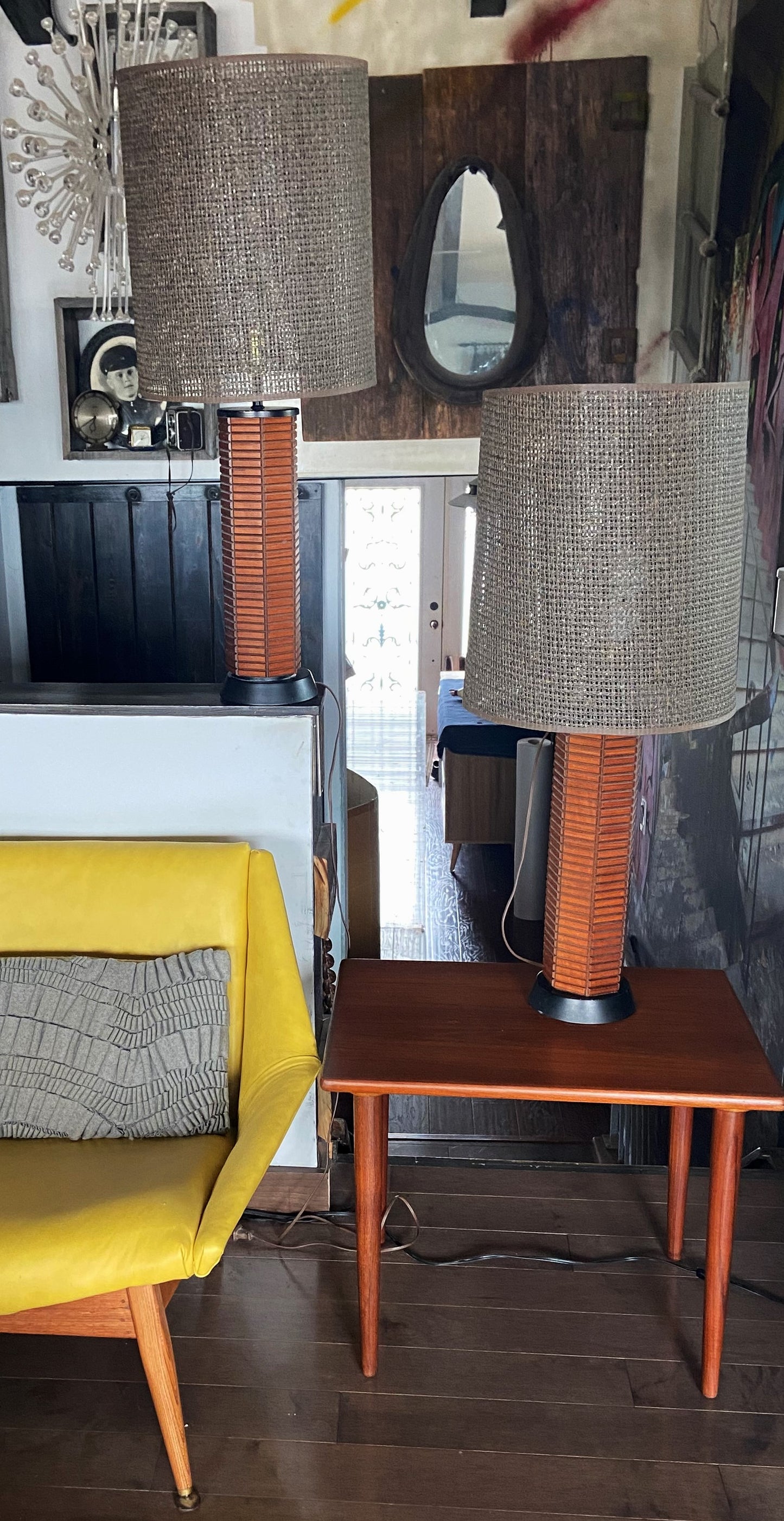 A pair of Mid Century Modern "Gruvwood" Table Lamps with Original Shades