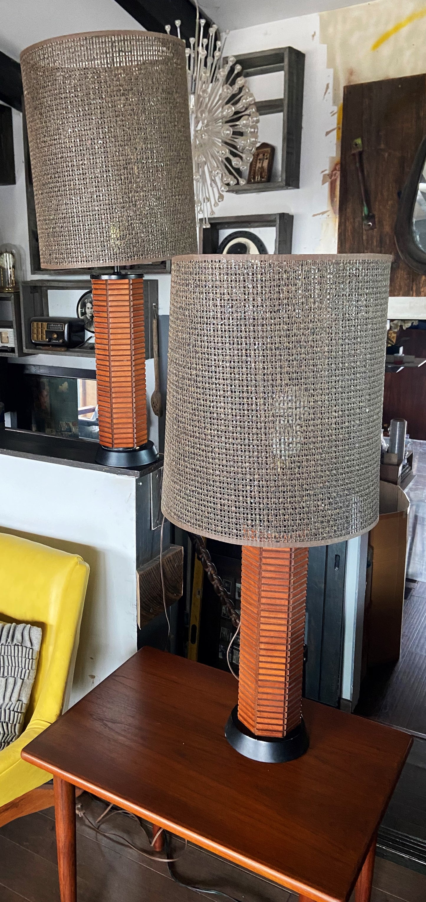 A pair of Mid Century Modern "Gruvwood" Table Lamps with Original Shades